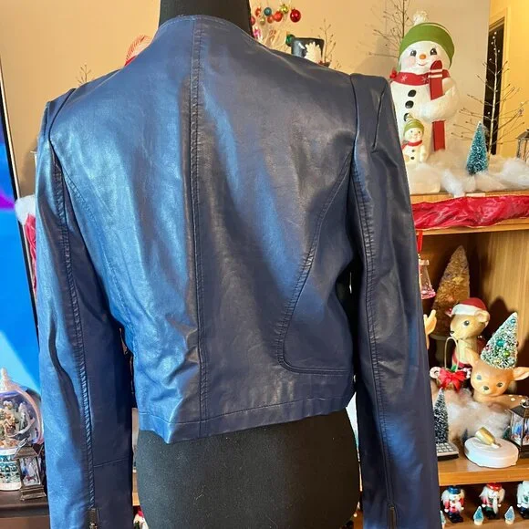Free People Blue Vegan Leather Jacket Size 8 - Picture 3 of 4